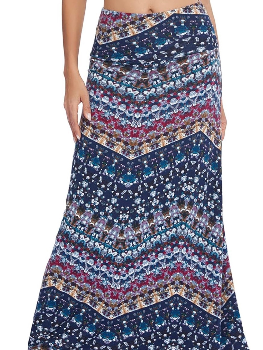 Boho Chevron Floral Maxi Skirt - Blue Multi